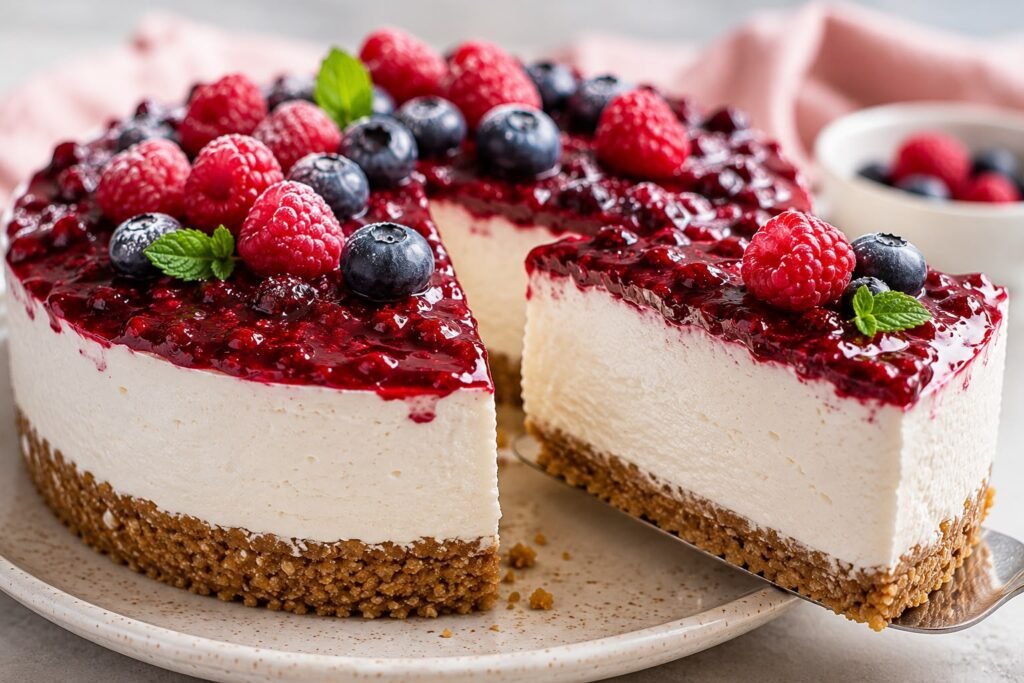 primo piano di una cheesecake proteica senza cottura con crema allo yogurt greco, base di biscotti integrali e topping ai frutti di bosco.