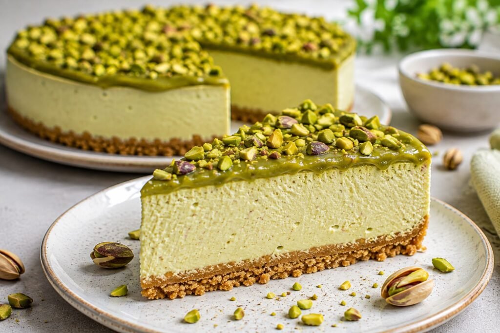 Cheesecake proteica al pistacchio senza cottura con crema cremosa, base di biscotti integrali e granella di pistacchi.