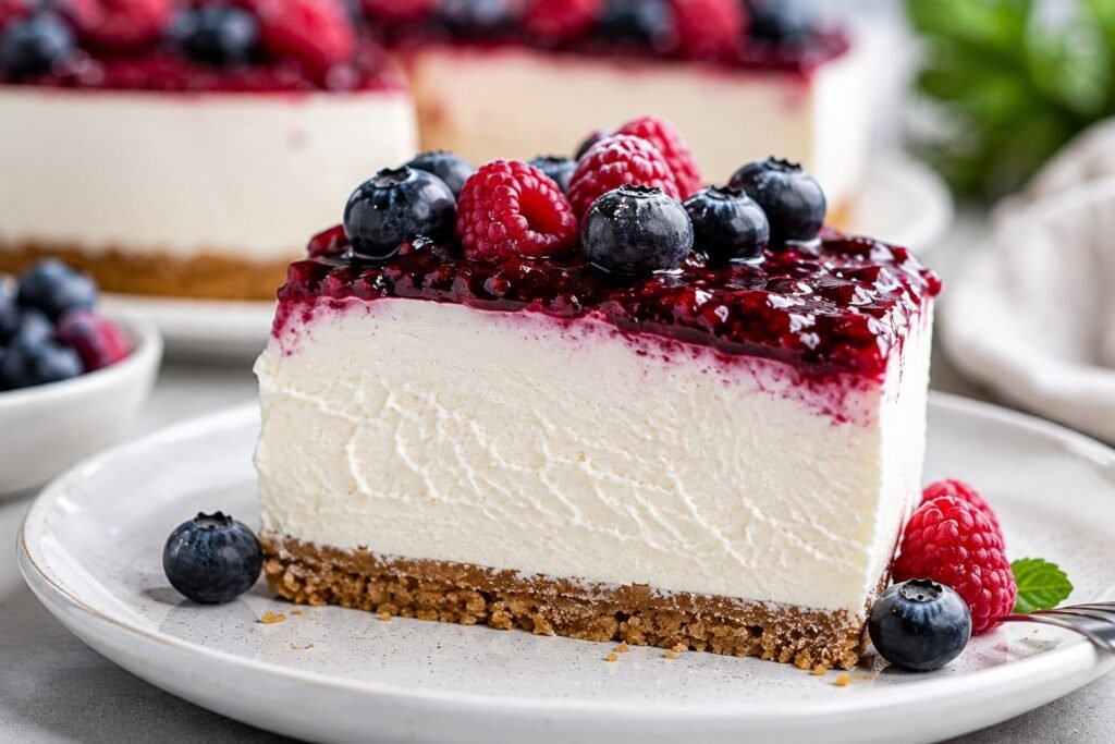 Fetta di cheesecake proteica senza cottura con consistenza cremosa, base di biscotti integrali e topping ai frutti di bosco.