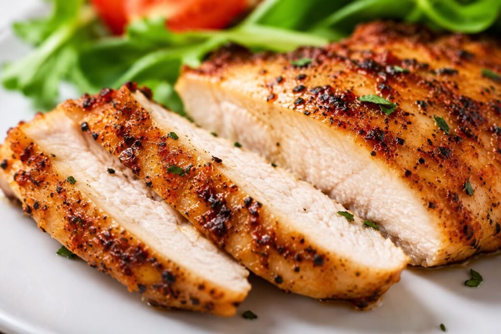 Petto di pollo tagliato con interno morbido e succoso.