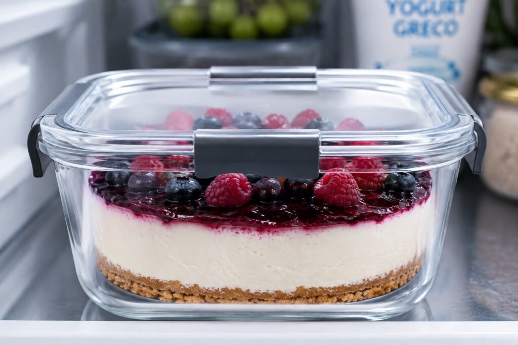 Cheesecake proteica senza cottura conservata in un contenitore ermetico per il meal prep in frigorifero.