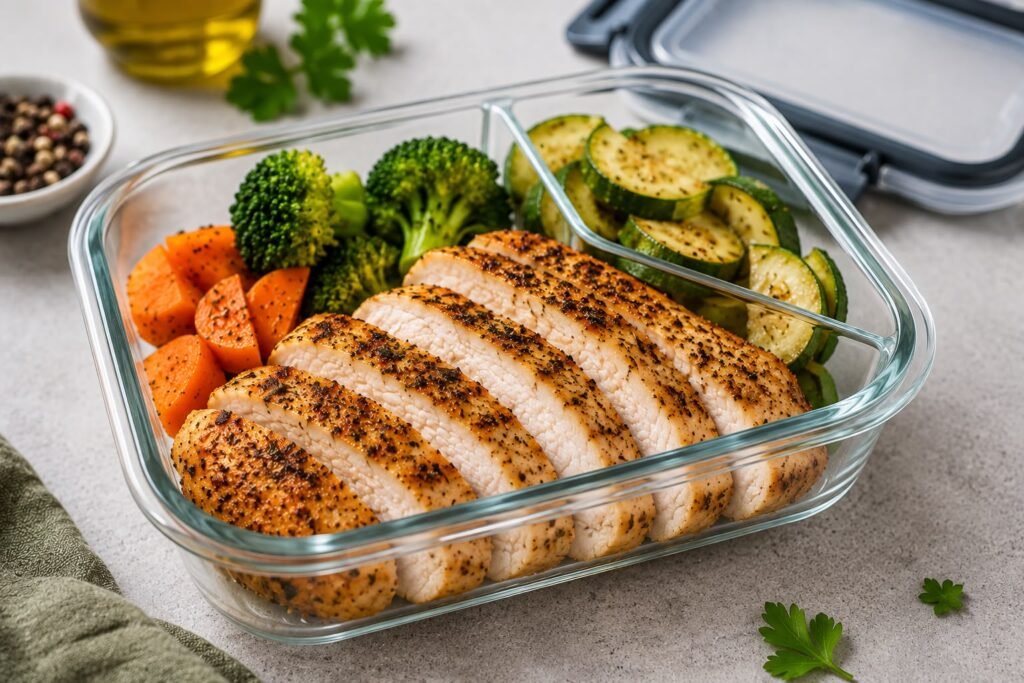 Petto di pollo in friggitrice a d aria conservato in un contenitore ermetico per il meal prep.