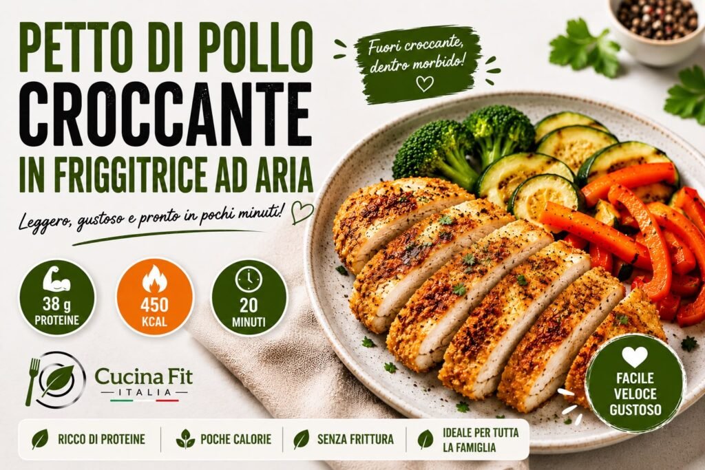 Petto di pollo croccante cotto in friggitrice ad aria con broccoli, zucchine e peperoni, ricetta fit ricca di proteine.